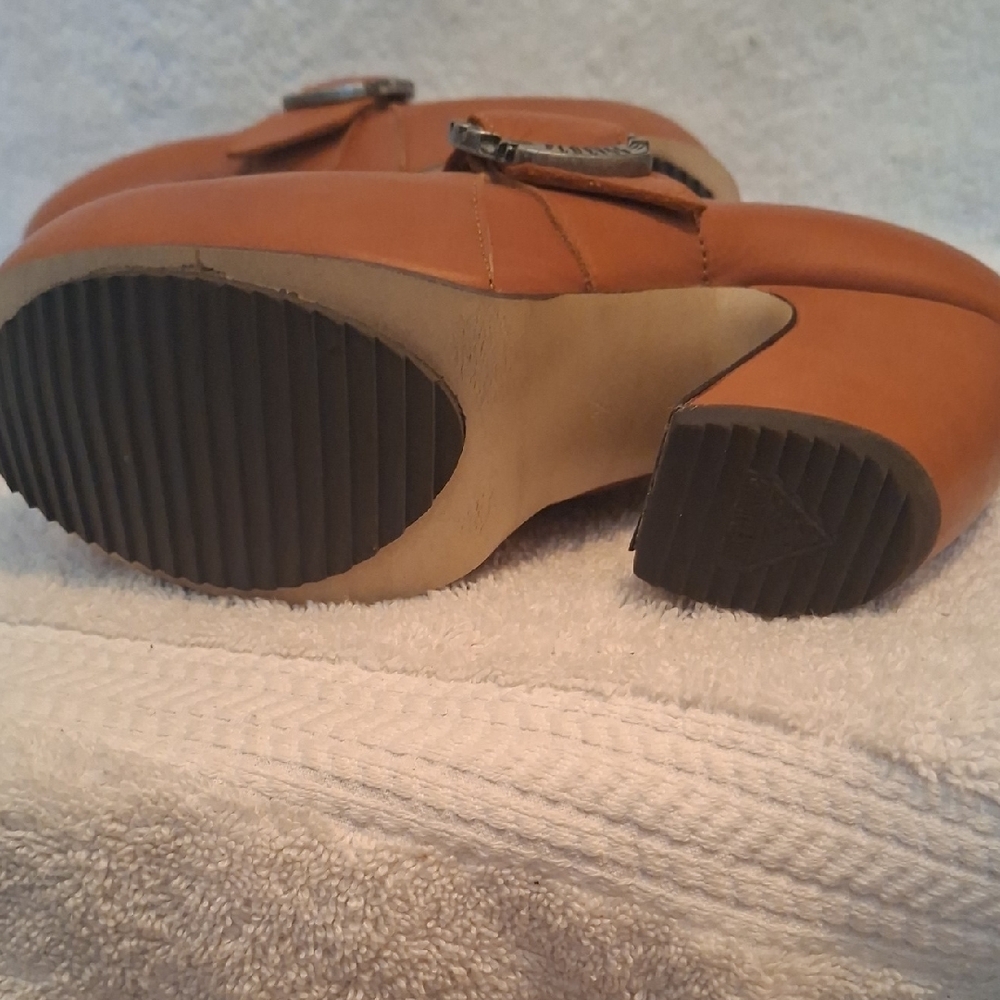 Leather Buckle Clog Heels in Cognac Brown - Picture 10 of 12